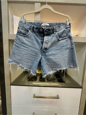 Moussy Washed Blue High-Rise Distressed Denim Shorts Size 28